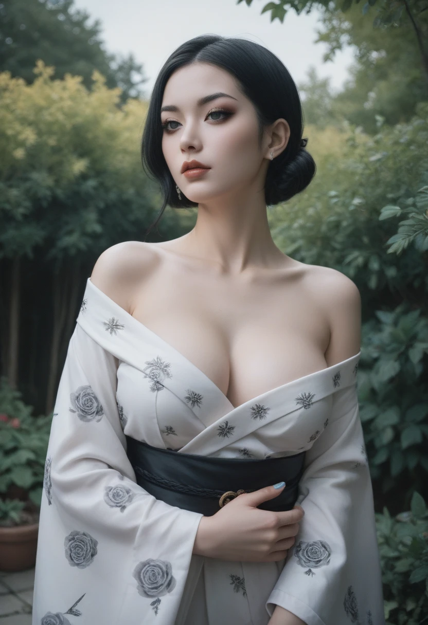 Goddess of unimaginable beauty and majesty wearing a highly revealing and alluring goth off-shoulder kimono, Goddess of Death Izanami in the garden, large enticing perky breasts, deep low-cut neckline showing décolletage, life-like and Photorealistic taken from a Leica m9 50mm 1.2