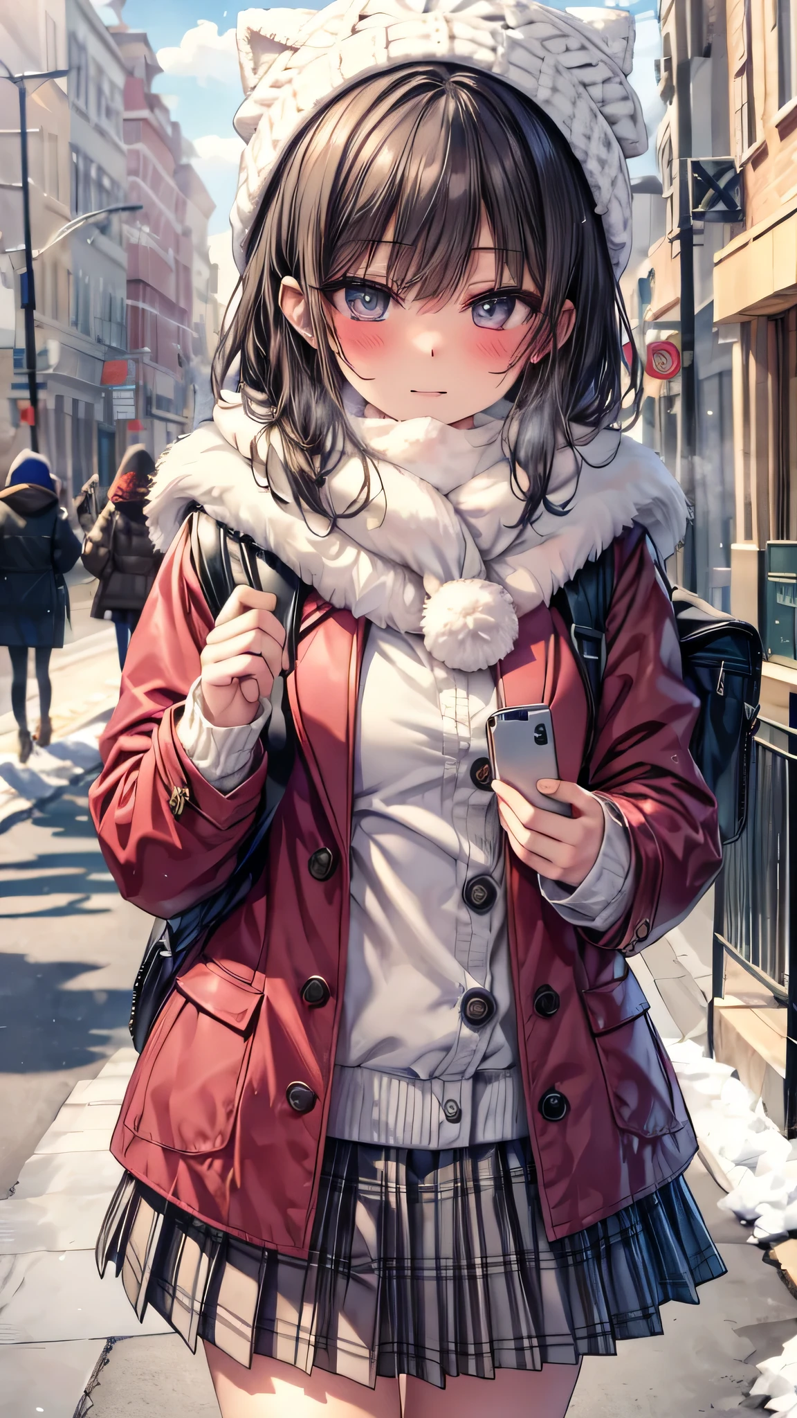 ((masterpiece, sidelighting, finely detailed beautiful eyes: 1.2)), (anatomically collect:1.3), Extremely cute, (extremely detailed beautiful face), (Authentic skin texture:1.4), (outdoor, winter, snowy landscape, park:1.2), (1 hit ************** girl:1.2), (huge breasts), (short black hair), (duffel coat, woolen scarf, Woolly hat:1.2), (socks, loafer:1.2), (glasses)(blush cheek:1.4), (shy, happy), (face focus:1.2), school bag, (steam)