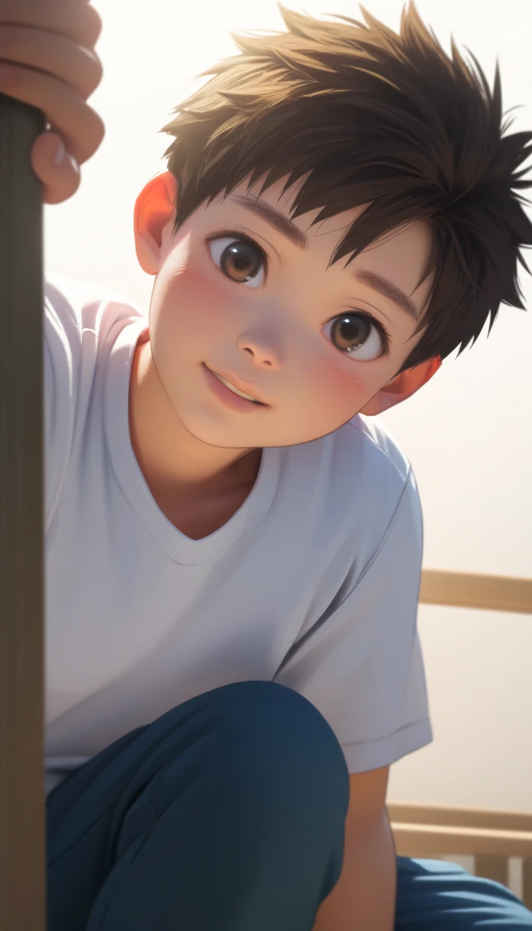 a handsome cute kiid little young boy 5yr,SHOTA,delicious expression,blush,messy short hair,brown hair,from front,in backyard,shota face,wearing pants only,fullbody,hd,4k,8k,dynamics lighting,perfect lighting,realistic,16k,hd lighting,realistic lighting,perfect shadows,realistic shadows,super realistic,hyper realistic,perfect face