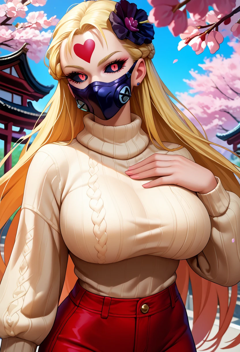 score_9, score_8_up, score_7_up, score_6_up,  source_Anime,  1 girl, Alone,  opmdos , Blonde,  long hair,  black sclera ,  red eyes, Mark on the forehead,  mask , heart, hair flower, Black Flower,  Big Breasts,  beige sweater,  A picture of a cat staring ,  red pants , ,  A picture of a cat staring , cherry blossoms (Sakura),  blue sky, hand on own chest