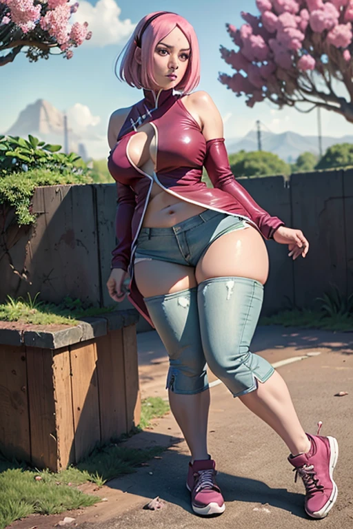 Sakura haruno. pink short hair, hime cut, innocent face, round eyes, huge breast, thick thigh, hourglass figure, erotic tube top, erotic ultra mini denim hotpants,  sneakers, stocking, stylish, park, clear view,navel,red jacket, detailed green eyes 