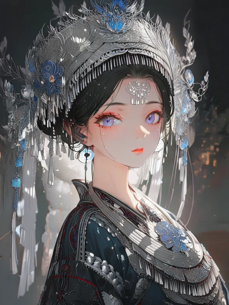 (masterpiece,  best quality :1.2),  1 girl, , Black Hair,  Skin Details ,  beautiful facial features ,  exquisite makeup , Blue clothes,  Delicate Eyes , Eye details, scarf, hair, flash，( best quality,8k,masterpiece:1.2),Amazing, gorgeous Chinese girl ,Queen,详细的 Skin Details , bright eyes , gorgeous eyelashes ,Standing alone , looking at the audience,minority:1.5,Silver jewelry :1.2, silver hat crown :1.5, silver tassels :1.37, Silver Necklace , silver texture ,The silver luster , upper body, Long Sleeve , dark folk costume ,long skirt:1.2,waist, black and red linen fabric details, Hmong costume characteristics ,totem)