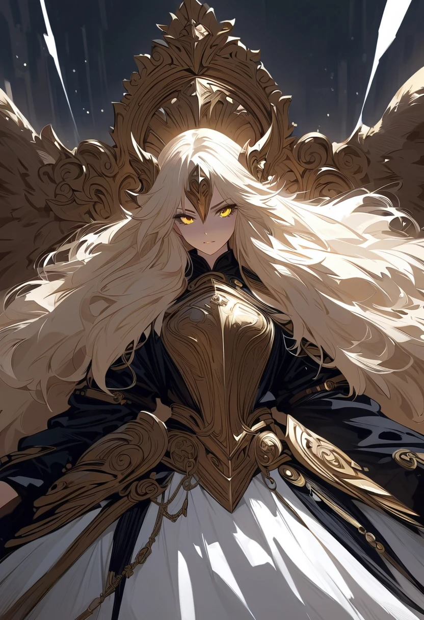 solo, female, huge woman, long silky blonde hair, ((iron mask over eyes)), smile, white wings, large breasts, angel, pale skin, glowing halo, glowing hair, cathedral, tall woman, close up