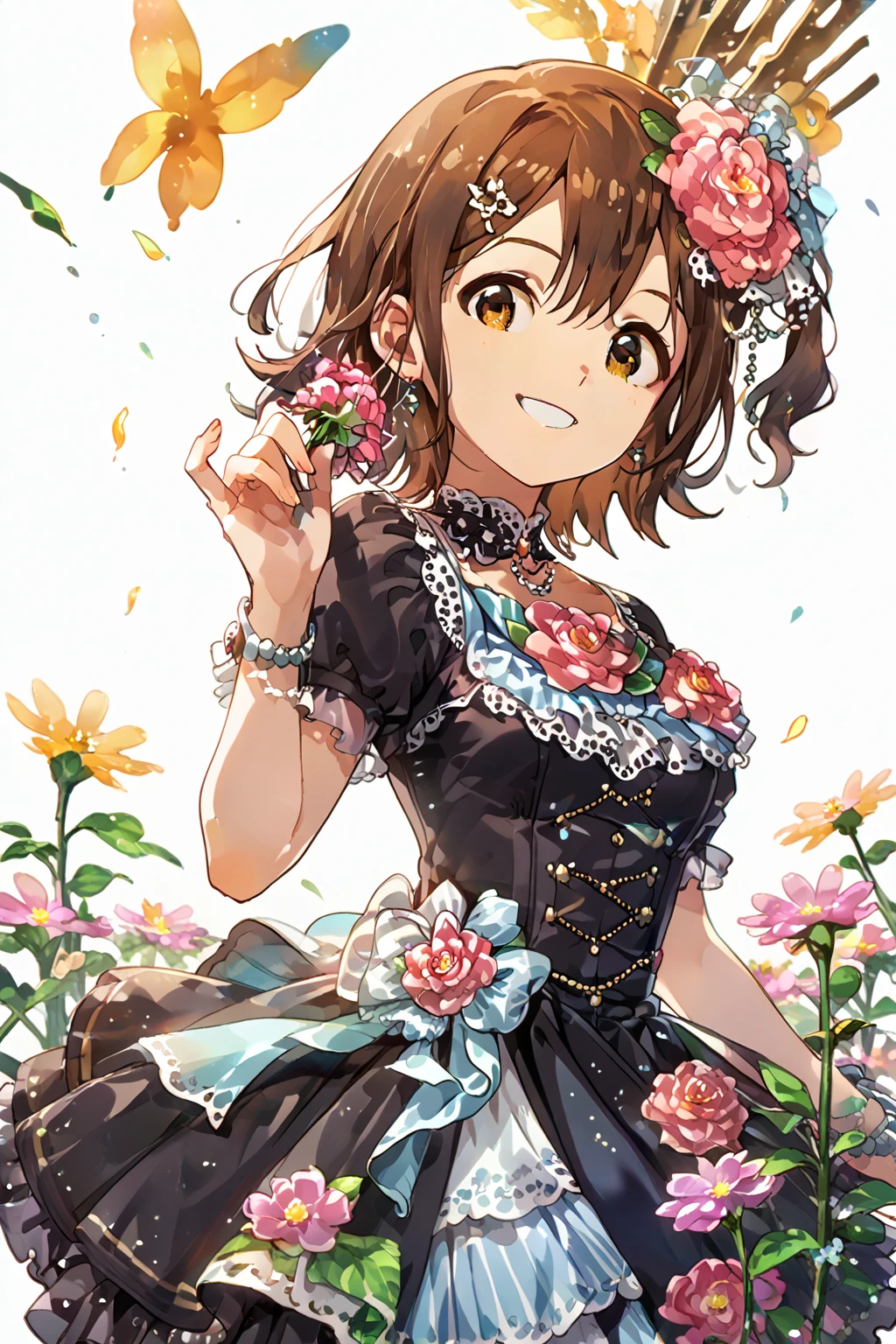 1girl, solo,
kasuga mirai, brown hair, brown eyes, short hair, 1girl, flower, solo, hair ornament,
black dress, jirai fashion, white background, simple background,
(masterpiece、Highest quality、Very detailed)), One girl, open mouth, smile, looking viewer,