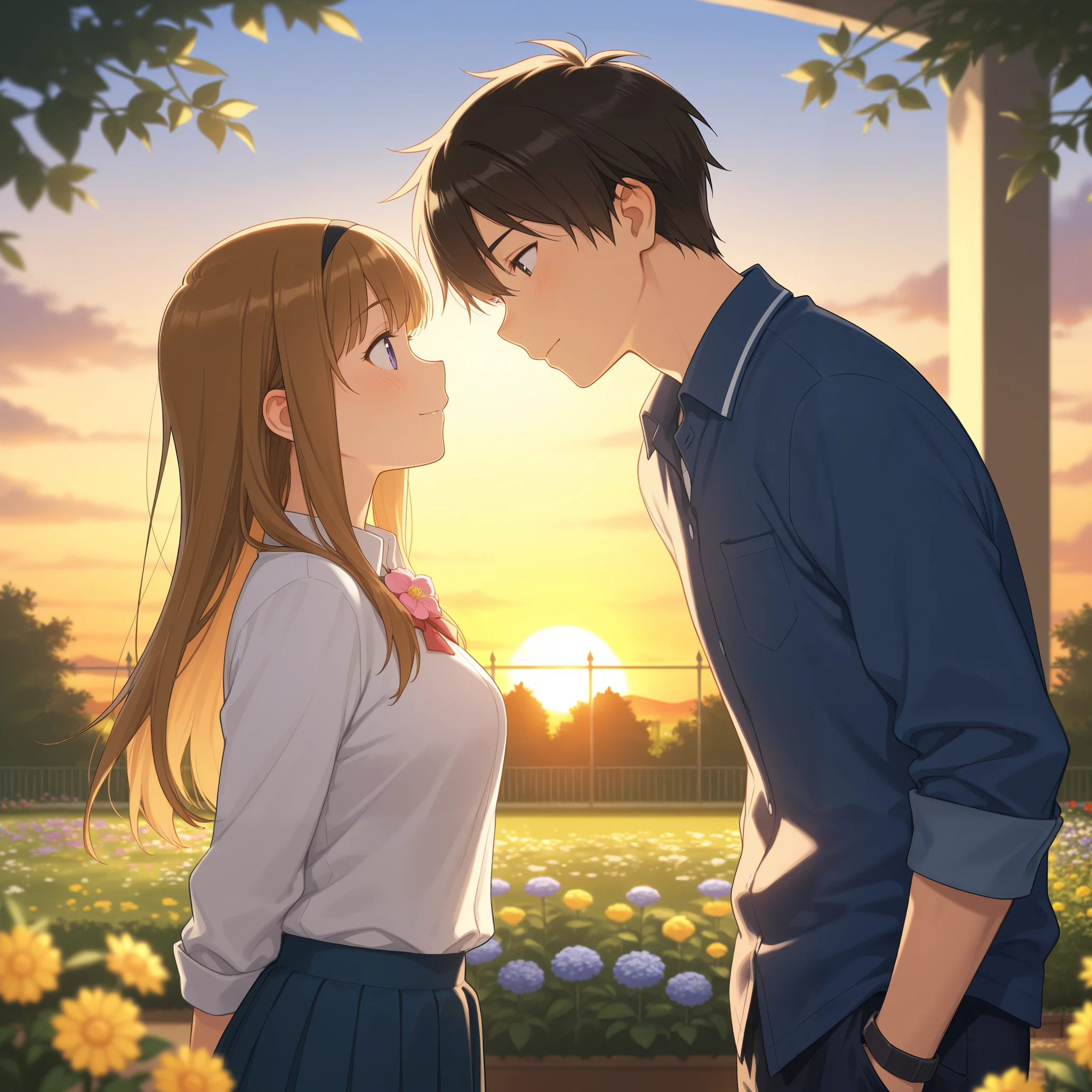 sideview, a couple of highschool sweethearts standing face to face, flower, garden, sunset, masterpiece