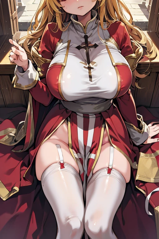 (sleeping:1.5),mouth slightly open, blush,(from above:1.2),(extreme close-up head:1.5), (sitting),(legs apart), (head tilt),  
ragnarokhighpr, cross, bow, high priest ,１ girls with light makeup,
(超 high definition ), high definition ,Sharp focus,( super detailed, very detailed),( very detailed CG unity 8k wallpaper),((( vibrant colors)))、{best illustration},
shiny 肌,very shiny 肌, shiny body ,plastic glitter 肌,exaggerated shiny 肌, illuminated , perfect finger,Five fingers,
Complex eyes, beautiful fine eyes, symmetrical eyes, big eyes:1.5,Seductive eyes, (( Detailed Body )),( detailed face )),(complete anatomy),
cute, nasty,エロチック,Bold, camel toe,( huge hips:1.1),( huge breasts,  glamour :1.2),(chubby), long legs ,curve, cleavage,
 long hair,Golden blonde hair, ( Detailed Body ),( detailed face )),(erection of nipple),
 neck to chest white and red dress, Red Long Skirt with Slits ,Red puff sleeves,
 White Thigh High Socks ,((over the knee length pelvic curtain)),( Red Dress Short Front ),
ragnarokhighpr, cross, bow, high priest ,１ girls with light makeup,
(超 high definition ), high definition ,Sharp focus,( super detailed, very detailed),( very detailed CG unity 8k wallpaper),((( vibrant colors)))、{best illustration},
shiny 肌,very shiny 肌, shiny body ,plastic glitter 肌,exaggerated shiny 肌, illuminated , perfect finger,Five fingers,
Complex eyes, beautiful fine eyes, symmetrical eyes, big eyes:1.5,Seductive eyes, (( Detailed Body )),( detailed face )),(complete anatomy),
cute, nasty,エロチック,Bold, camel toe,( huge hips:1.1),( huge breasts,  glamour :1.2),(chubby), long legs ,curve, cleavage,
 long hair,Golden blonde hair, ( Detailed Body ),( detailed face )),(erection of nipple),
 neck to chest white and red dress, Red Long Skirt with Slits ,Red puff sleeves,
 White Thigh High Socks ,((over the knee length pelvic curtain)),( Red Dress Short Front ),
 white cobblestone ground , Medieval city, Dazzling Light,Outdoor,