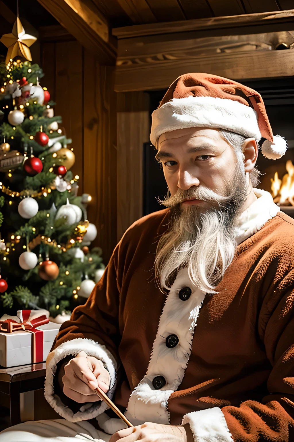 Inside a log house with a fireplace 、 a huge Christmas tree in the living room、   Christmas Night、 (( サンタクロースはプレゼントを運んで歩いている))、Santa Claus is depicted in detail .Focus on Santa Claus 、 Santa Claus is an elderly Scandinavian man with a big white beard、See images of Santa Claus in Japan 