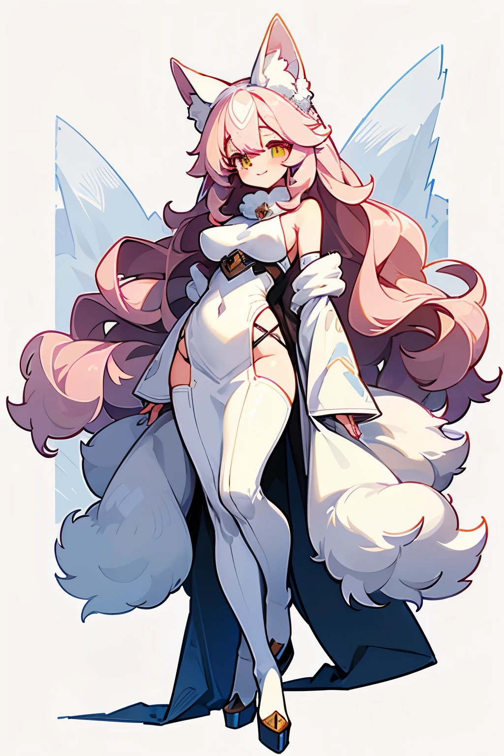 Character reference sheet, ref sheet, professional design, professional character design, game character design, white background, full body, cute clothes, bare shoulders, girl with shy face, smiling but shy, sweating a little, light pink hair, cream pure white majestic hair, white fox girl, white fennec fox girl, long fennec ears, curvy body, small waist, tiny waist, beautiful fennec fox furry, long wavy hair, long flowing hair,winter outfit, winter theme, artic fox, fluffy outfit, fluffy tail, big fluffy tail, big breasts, high heels, fluffy boots, fluffy skirt, fluffy collar, Hair Ornament, Horns, 