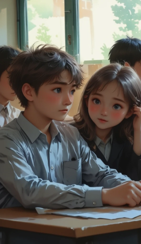 A boy sitting behind a girl in school, looking attentively at her. The boy is blushing, while the girl continues to chat with the student beside her. Focus on the boy and the girl that he is looking at while blurring out the environment. The image is drawn with calming colors in the style of a water color portrait.