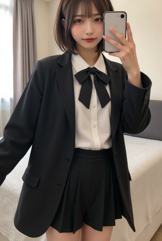 Japanese woman wearing a shirt and skirt sitting on a chair, Wear a shirt, 白衣とWearing a blouse, Office Clothes, Wearing a suit, ビジネスWearing a suitいる, Wearing a blouse, Girl in suit, Business Attire, Open shirt, Japanese female fashion model, Dressed、(((flat chest)))、short hair、Ear Piercing