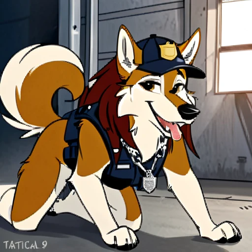 Anthropomorphic furry Long haired wolfdog, tactical k-9 armoured vest, black leather collar, chain collar, badge, police baseball cap, drooling saliva, anthro, furry, all fours, very body fur, three tone fur, Looking at viewer, Smile, Open Mouth, Very Long Hair, 