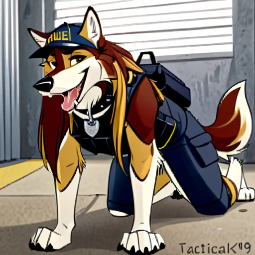 Anthropomorphic furry Long haired wolfdog, tactical k-9 armoured vest, black leather collar, chain collar, badge, police baseball cap, drooling saliva, anthro, furry, all fours, very body fur, three tone fur, Looking at viewer, Smile, Open Mouth, Very Long Hair, 