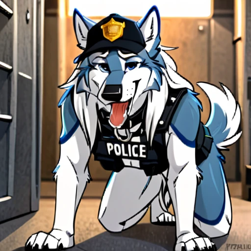 Anthropomorphic furry Long haired wolfdog, tactical k-9 armoured vest, black leather collar, chain collar, badge, police baseball cap, drooling saliva, anthro, furry, all fours, very body fur, three tone fur, Looking at viewer, Smile, Open Mouth, Very Long Hair, 