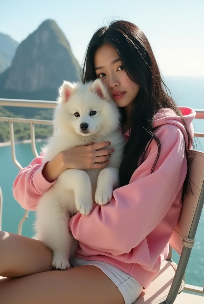 (medium full shot) of (friendly dog) with white fluffy coat, a flower crown, performing cuddling with its owner, set in a rocky beach, featuring tide pools, curious dogs exploring, a cool breeze, and an adventurous feel, in the evening, Masterpiece,best quality, photo, realistic, very aesthetic,