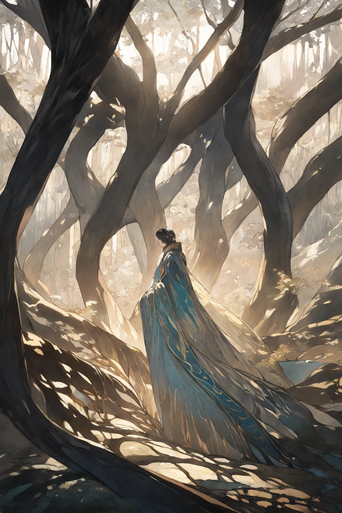 A mysterious man wearing a deep, black hooded robe that obscures their face, adorned with intricate gold embroidery, standing in a lush, sunlit forest with soft rays of light filtering gently through dense foliage, Japanese animation tone, acrylic watercolor painting style, ultra-detailed facial structure hidden beneath shadows, intricate linework, vibrant pastel color palette, subtle shading, delicate brushstrokes, exquisite textures, hand-painted feel, ultra-sharp focus, 8k UHD, extremely realistic lighting, cinematic framing, atmospheric depth, polished and refined composition, professional illustration quality, masterpiece-level detailing, no unwanted artifacts, perfect anatomy and proportions beneath flowing robes, slightly dynamic pose, visually striking contrast, aesthetically pleasing balance, impeccable rendering of materials, natural tones, subdued background elements that enhance subject focus, premium-grade illustration, vibrant yet harmonious hues, hint of gentle breeze indicated by subtle movement in the robe’s folds, mysterious and enigmatic presence