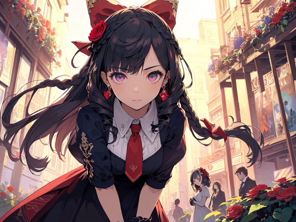 (Solo girl, alone girl:2), (Leaning forward to emphasize upper body:2), (Looking gently to the side:2), (Long black hair:2), (Hair tied with a large ribbon:2), (Tie:2), (Gorgeous dress with blue high neck collar, black gloves:2), (Red flower hair accessory:2), (Earrings:2), (Surrounded by many red flowers:2), (Sunset sky, sunset, night breeze), (Bust from the side), (((4K, High Resolution, Masterpiece, Accurate, Anatomically Correct, Multiple Awards, Top Quality, Detailed, High Quality, Extremely Detailed, Ultra High Resolution))).