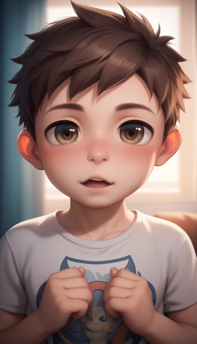 a handsome cute kiid little young boy 5yr,SHOTA,delicious expression,blush,messy short hair,brown hair,from front,in backyard,shota face,wearing pants only,fullbody,hd,4k,8k,dynamics lighting,perfect lighting,realistic,16k,hd lighting,realistic lighting,perfect shadows,realistic shadows,super realistic,hyper realistic,perfect face