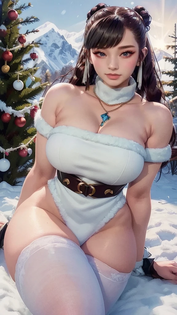 ((masterpiece)), ((best quality)), (ultra-detailed), (super fine illustration), ((kawaii)), cuovely), ((extremely detailed)), (Detailed eyes), (detailed facial features), (Detailed fingers), (detailed clothes features), 4K, (8K), (beautiful), (dynamic composition), (cowboy shot:1.3), (santa costume:1.3), sitting on a stump, a pretty woman, 1 woman, (brown skin:1.2), black hair, medium hair, (beautiful blue eyeeautiful eyes)), White teeth, (tights), (hair ornaments), earringib necklace), (laulush, mountain, village, evening, winter, Shine with colored light, lens flare, (snow effect), shiny, christmas tree
