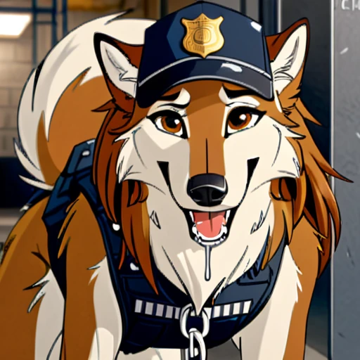 Anthropomorphic furry Long haired wolfdog, tactical k-9 armoured vest, black leather collar, chain collar, badge, police baseball cap, drooling saliva, anthro, furry, all fours, very body fur, three tone fur, Looking at viewer, Smile, Open Mouth, Very Long Hair, High Resolution, Accurate, High Quality, Super Detailed, UHD, Detail, 