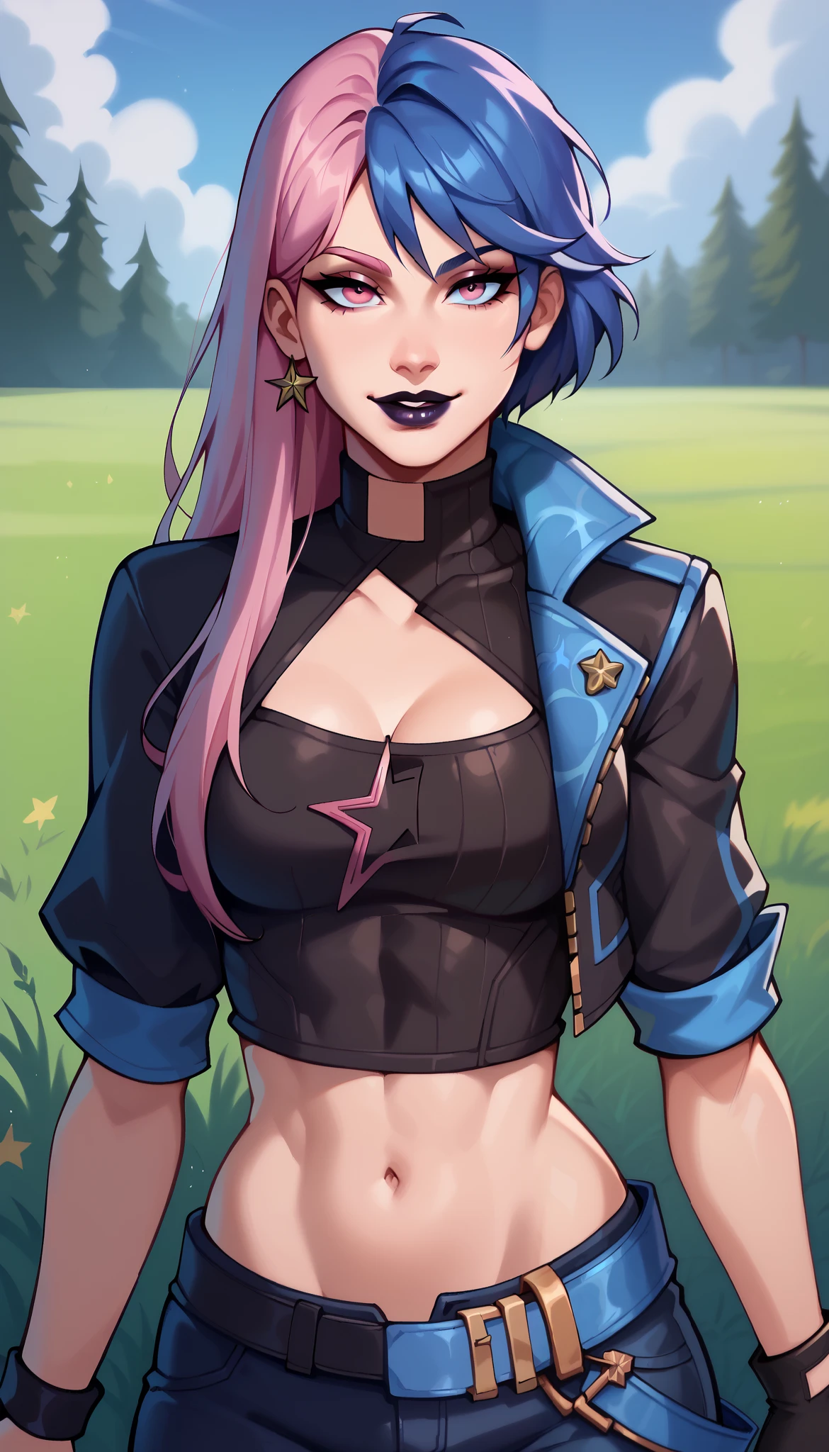 BREAK, HazeFN, pink hair, black lipstick, long hair, pink eyes, black shirt, short sleeves, midriff, leather pants, choker, star print, grass, seductive smile, looking at viewer, 1 girl, solo, purple lips, blue eye, split lips color, split eyes color,