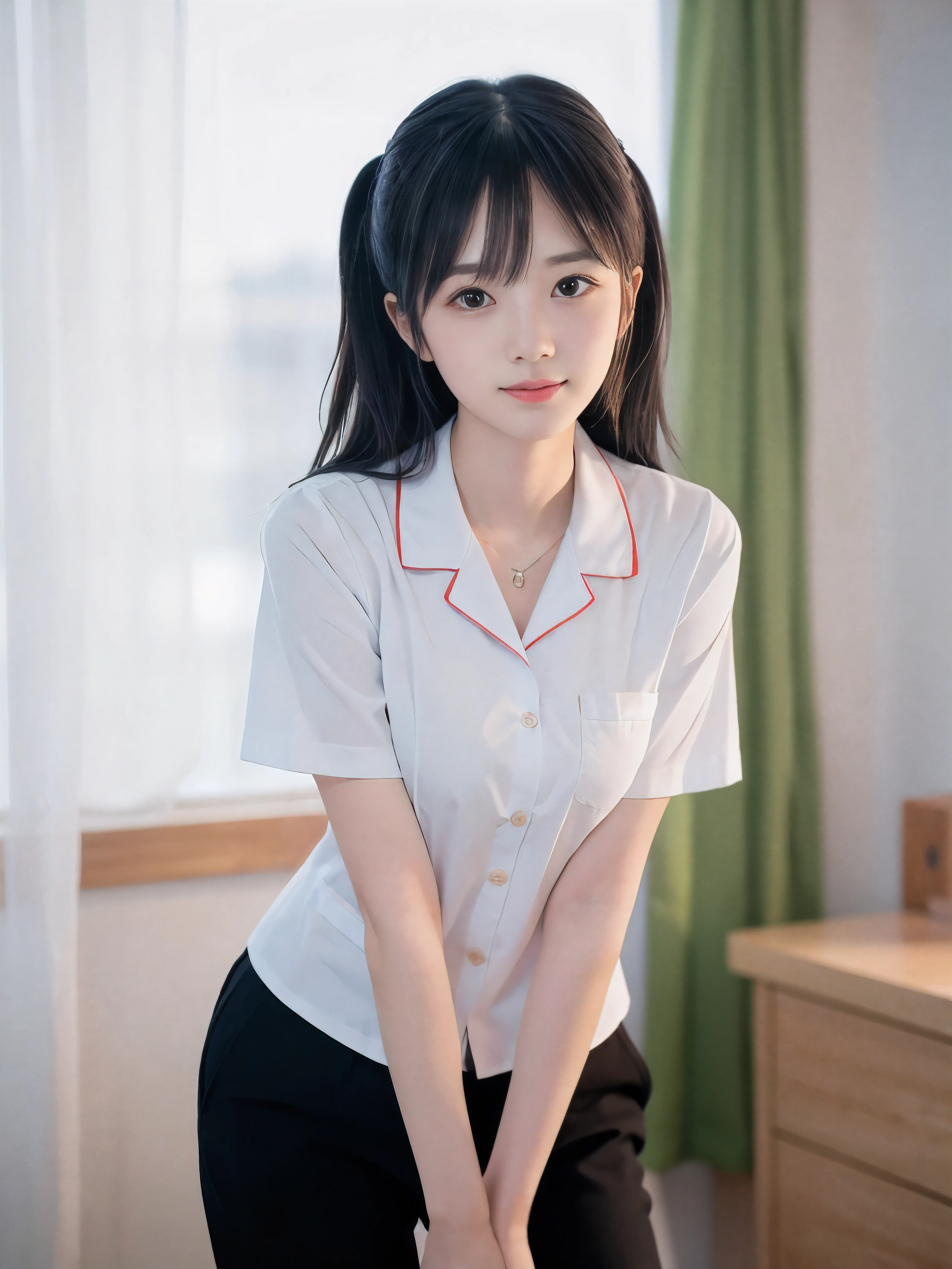 ((8K, RAW Photos, Highest quality, masterpiece), Ultra-high resolutionのRAWカラー写真、Professional close-up photography, (Realistic, Photorealism), (Highest quality), (Best Shadow), ((erotic, sexy, Ultra-high resolution, High quality CG integrated 8K wallpaper, Physically Based Rendering, Cinema Lighting), Beautiful perfectly detailed face,Beautiful perfectly detailed eyes,Beautiful perfectly detailed nose,Beautiful perfectly detailed mouth,Beautifully and perfectly detailed hand,Perfectly detailed fingertips,Beautiful detailed feet,Japanese schoolgirl, 18 year old Japanese girl, (White Shirt, ribbon, White knee-high socks, Ultra mini skirt,school uniform), White shirt,She is standing(The viewer can see the inside of the skirt), Beautiful details in the eyes, Light on the face, ((Full Body Shot)),Soft Light, blush,(Upward glance, Shy laugh,),Shiny skin, Beautiful detailed hairstyle(((Long black hair,Low Twintailsヘア))),(Low Twintails) ( Thick thighs), shy, (flash) , (Beautiful thighs), ((Seductive posture,Charm)), Cute Japanese Idols, ((Excellent anatomy)), ((Bright and refreshing classrooms, The background is blurred)), Perfect Face, Perfect body,Cute face, (High angle shot), Super detailed face,Attention to detail,double eyelid,Put your chest together,Spread your legs,Beautiful and large breasts,The whole body is visible to the viewer,Looking down at the audience,
