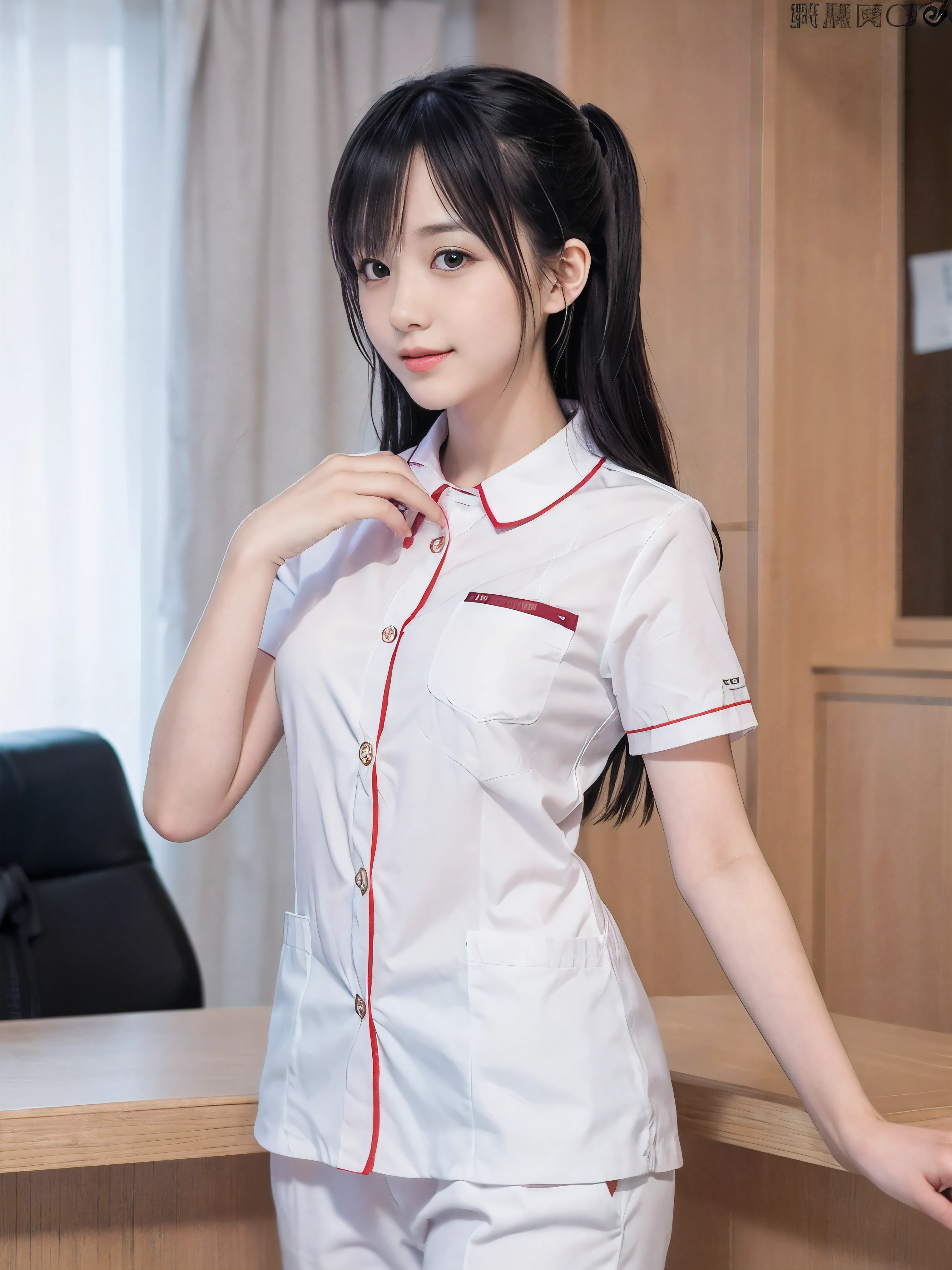 (3 Ultimate Beauty Nurses)、{{{masterpiece}}}, {Oh oh oh, Oh, really:1.2}, best quality, Official Art, Highly detailed CG Unity 8k wallpaper, Very rich facial details、Delicate lips、Delicate eyes、Double eyelids、((Black Bob Hair))、(Nurse:1.3)、(Attractive figure)、(huge)、((Open mouth smile: 1.8, Lovely smile: 1.8)), solo, Short hair details, Energetic smile, blue eyes,With eyes_Tokar, {Beautiful detailed gradient eyes}, Red lips,thigh, thigh, thigh, Perfect fit, Perfect ImageReality, Background and: (Hospital Ward:1.2), Cow Boy Shooting, Detailed background, Detailed clothing, Wearing a nurse hat,Wearing nurse uniform,Perfect lighting、Surreal、(Reality:1.4)、8K maximum resolution, (masterpiece), Very detailed content, professional,