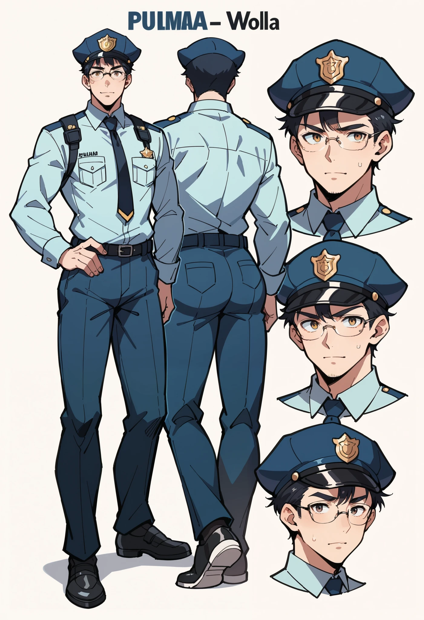 score_9, score_8_up, score_7_up, score_6_up, score_5_up, score_4_up, absurdres, perfect anatomy, standing kemono boy, three view drawing, front and side and back, character sheet, character design police man!!, anime character, glasses, facial expressions, Detailed description of character, text, Transform wolf, Collection of setting materials,