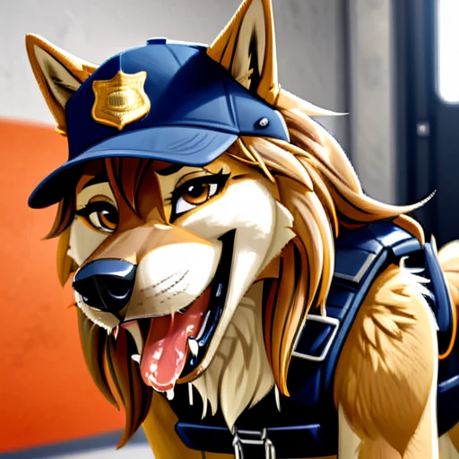 Anthropomorphic furry Long haired wolfdog, tactical k-9 armoured vest, black leather collar, chain collar, badge, police baseball cap, drooling saliva, anthro, furry, all fours, very body fur, three tone fur, Looking at viewer, Smile, Open Mouth, Very Long Hair, High Resolution, Accurate, High Quality, Super Detailed, UHD, Detail, 