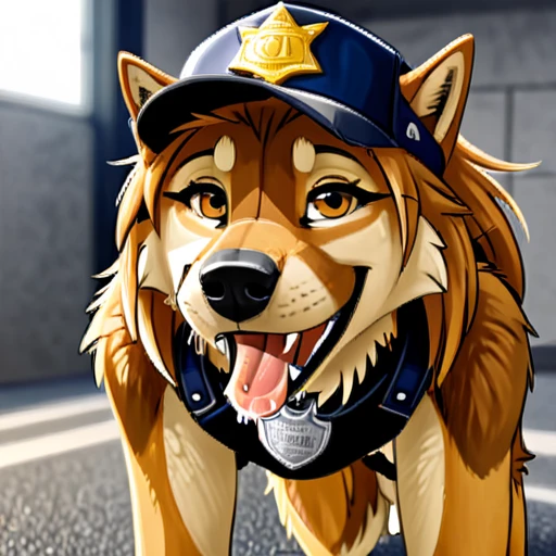 Anthropomorphic furry Long haired wolfdog, tactical k-9 armoured vest, black leather collar, chain collar, badge, police baseball cap, drooling saliva, anthro, furry, all fours, very body fur, three tone fur, Looking at viewer, Smile, Open Mouth, Very Long Hair, High Resolution, Accurate, High Quality, Super Detailed, UHD, Detail, 