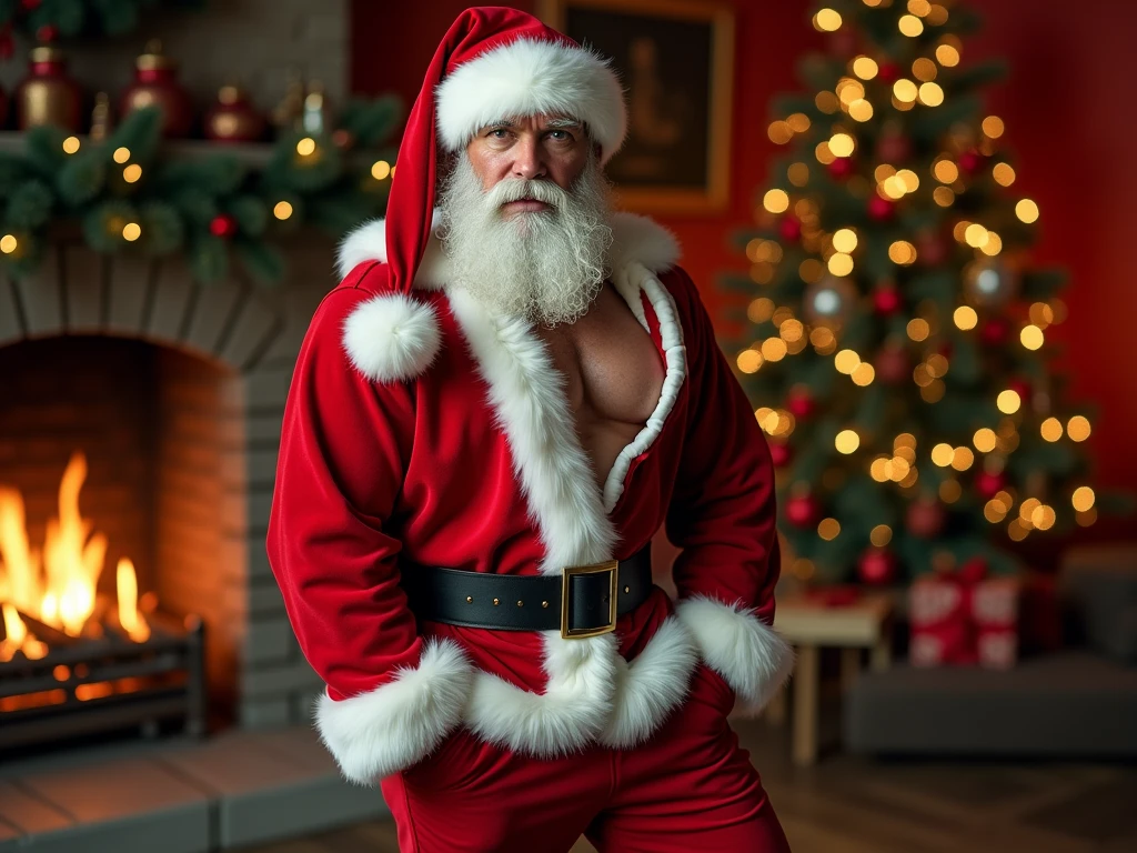 muscle male 🎅 The upper part of the body is naked Santa pants. With a gray beard like Santa,fir,Gifts,fireplace,Lights,candle lights