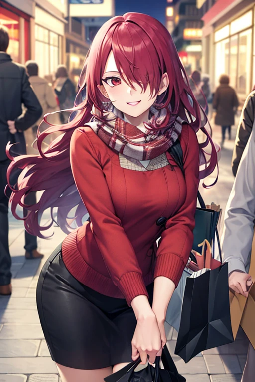 MitsuruKirijou, hair over one eye, calm smile,wearing latest winter fashion,looking at viewer,focus face,shopping,  masterpiece, highres