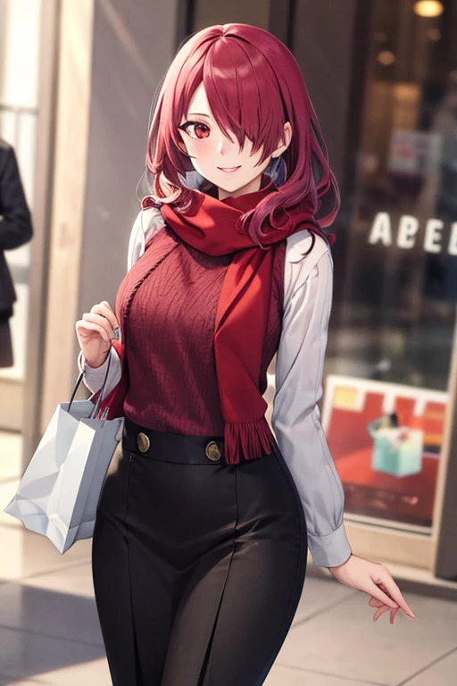 MitsuruKirijou, hair over one eye, calm smile,wearing latest winter fashion,looking at viewer,focus face,shopping,  masterpiece, highres