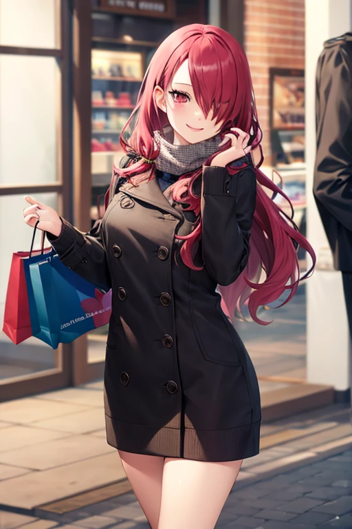 MitsuruKirijou, hair over one eye, calm smile,wearing latest winter fashion,looking at viewer,focus face,shopping,  masterpiece, highres