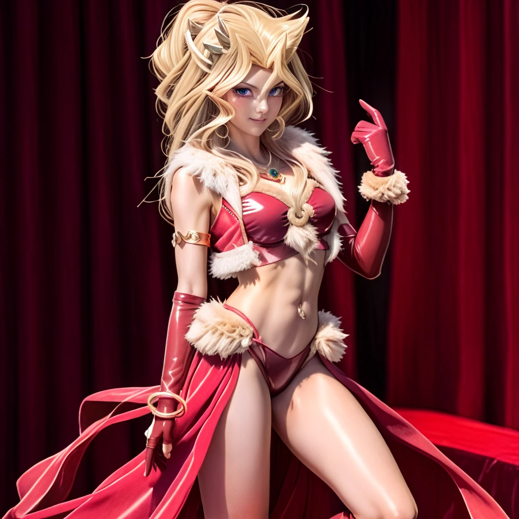 （Peacock Dance）、（  Japanese Cosplayers）、（）、  1 girl, Blonde、 revealing clothes,  Dancer Costume ,    fur trim, Red gloves,  elbow gloves