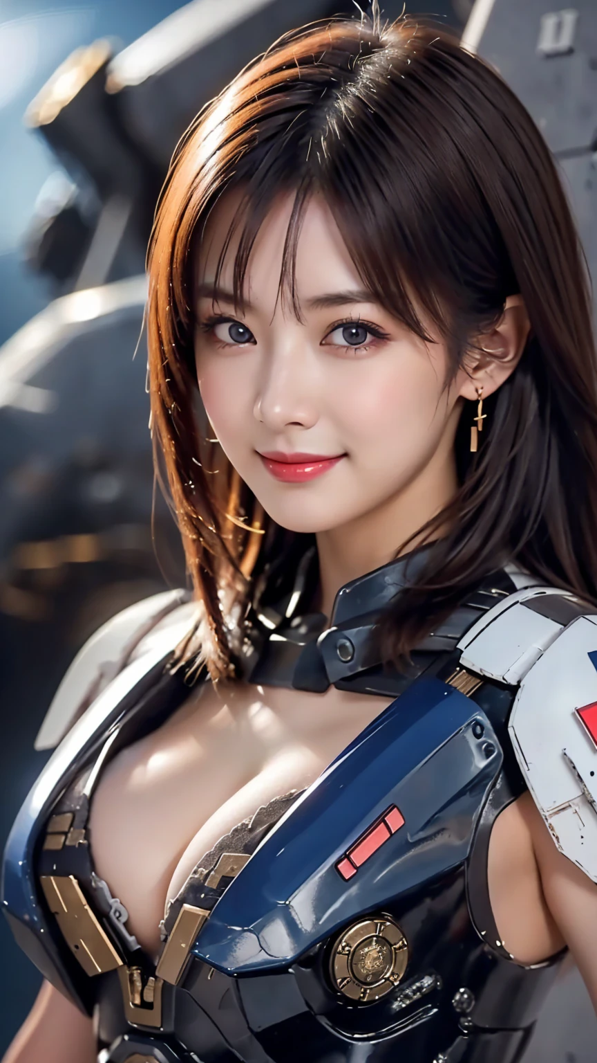 ( iron battlesuit : 1.5), (upper body : 1.5), bangs, smile, (Inside the battleship : 1.5), (space and battleship background  : 1.5), ( 18 year old female : 1. 2), young and adorable Japanese face, Official Art, high definition CG Unity 8k wallpaper,Ultra high definition ,Very detailed, half photos with Brazil, high definition , Kodak Portrait 400, film grain , lens flare glow, best quality,8k, as a portrait shot,8k, Show viewer , ((masterpiece)), (( best quality)), ( super detailed), smile, (( sexy)), (( Very detailedな)), (detailed clothing features), (beautiful), Illustration, beautiful Japanese woman, ((1 female)), (Bold Cleavage : 1.3)