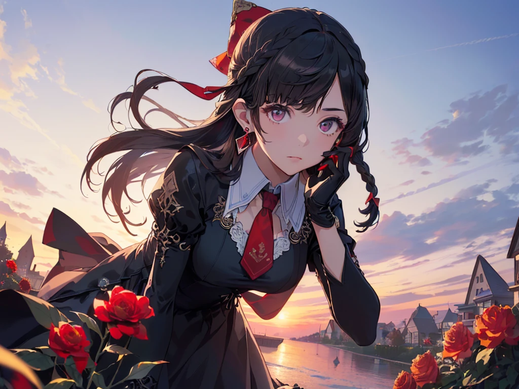 (Solo girl, alone girl:2), (Leaning forward to emphasize upper body:2), (Looking to the side in confusion:2), (Long black hair:2), (Hair tied in a large ribbon:2), (Tie:2), (Gorgeous dress with blue high neck collar, black gloves:2), (Red flower hair accessory:2), (Earrings:2), (Surrounded by many red flowers:2), (Sunset sky, sunset, night breeze), (Bust from the side), (((4K, High Resolution, Masterpiece, Accurate, Anatomically Correct, Multiple Awards, Top Quality, Detailed, High Quality, Extremely Detailed, Ultra High Resolution))).