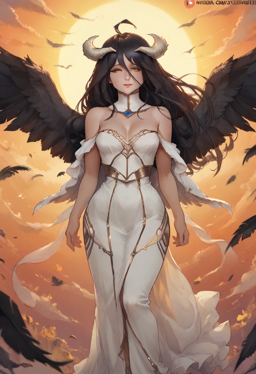 score_9, score_8_up, score_7_up, Anime Style, Full Body Shot, monster girl, cute, seductive, innocent, light smile:0.3, plump lips, slender body, standing, black feathers, black long hair, delicate and smooth skin, white horns, perfect body, thighs, large teardrop breasts, feathered wings, lower wings, long dress, gold details, yellow eyes, blushing, colorful sunset background, albedo_overlord, glossy lips, depth of field, dynamic angle, fashion photography, sharp, hyperdetailed:1.15