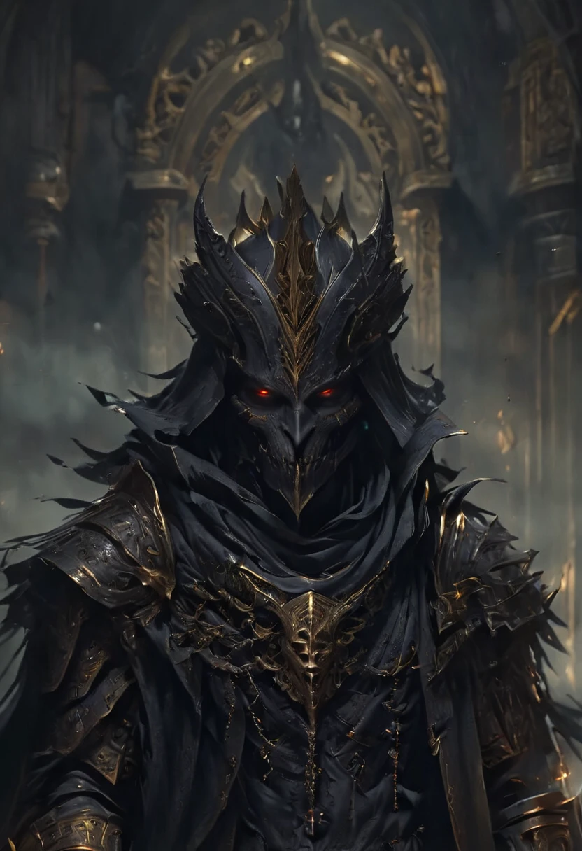 (masterpiece, best quality, ultra-detailed, best shadow), (detailed background, dark fantasy), templari, priest, medieval armor full gold. black skull face , clothe black and little gold, terror in face, crazy, eyes yellow, League of legends stile, be of low vibration.