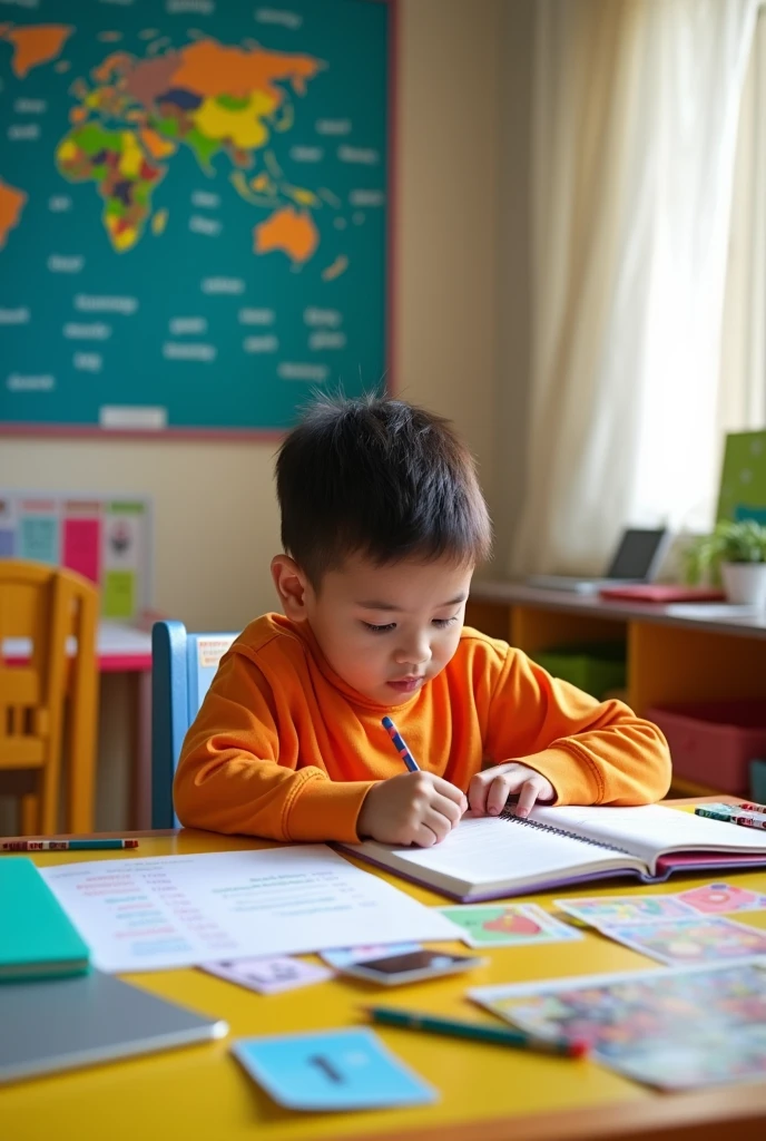 Little boy reading carefully in the classroom,Smiling,Warm,photograph,Realistic
