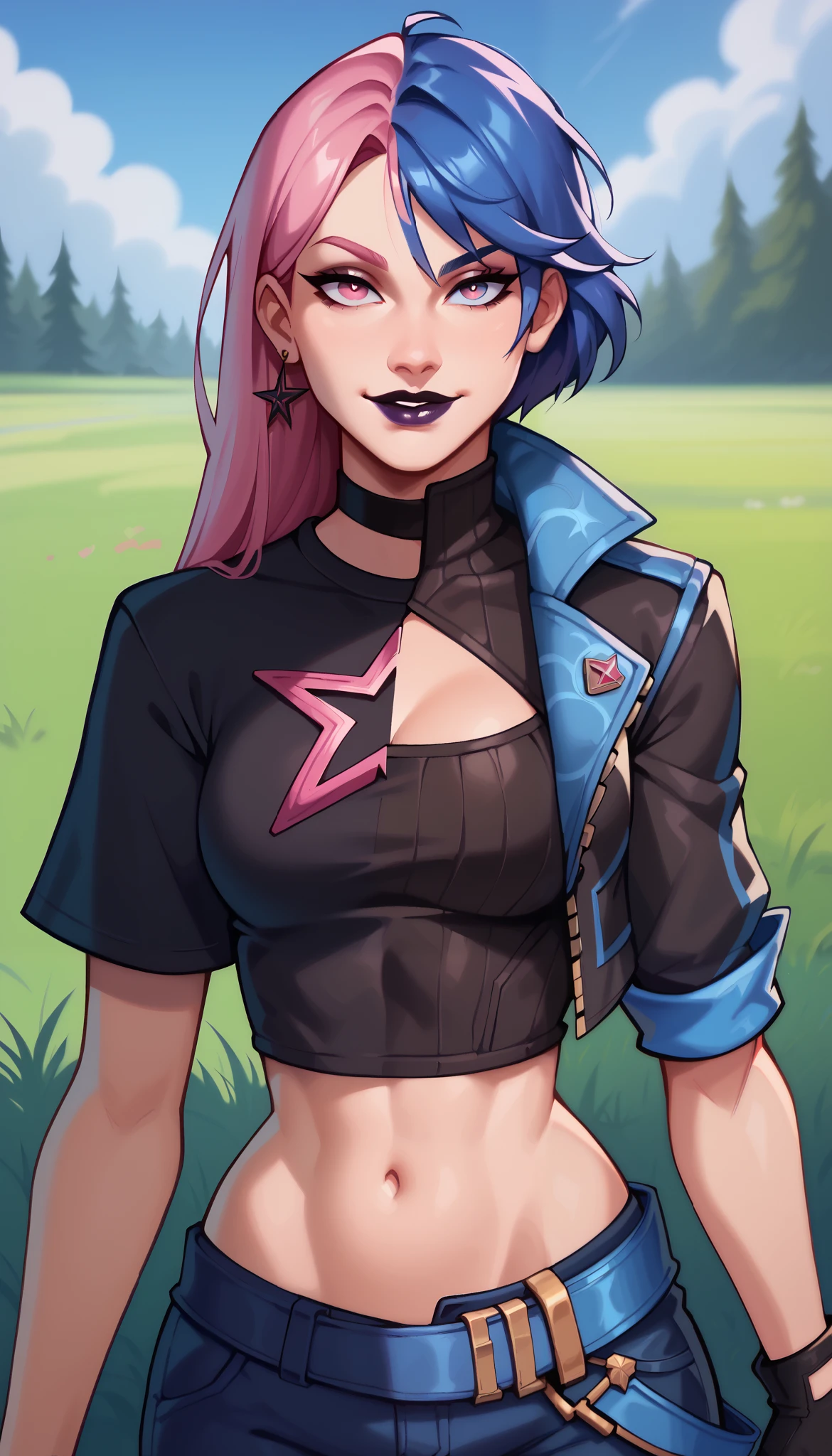 BREAK, HazeFN, pink hair, black lipstick, long hair, pink eyes, black shirt, short sleeves, midriff, leather pants, choker, star print, grass, seductive smile, looking at viewer, 1 girl, solo, purple lips, blue eye, split lips color, split eyes color,