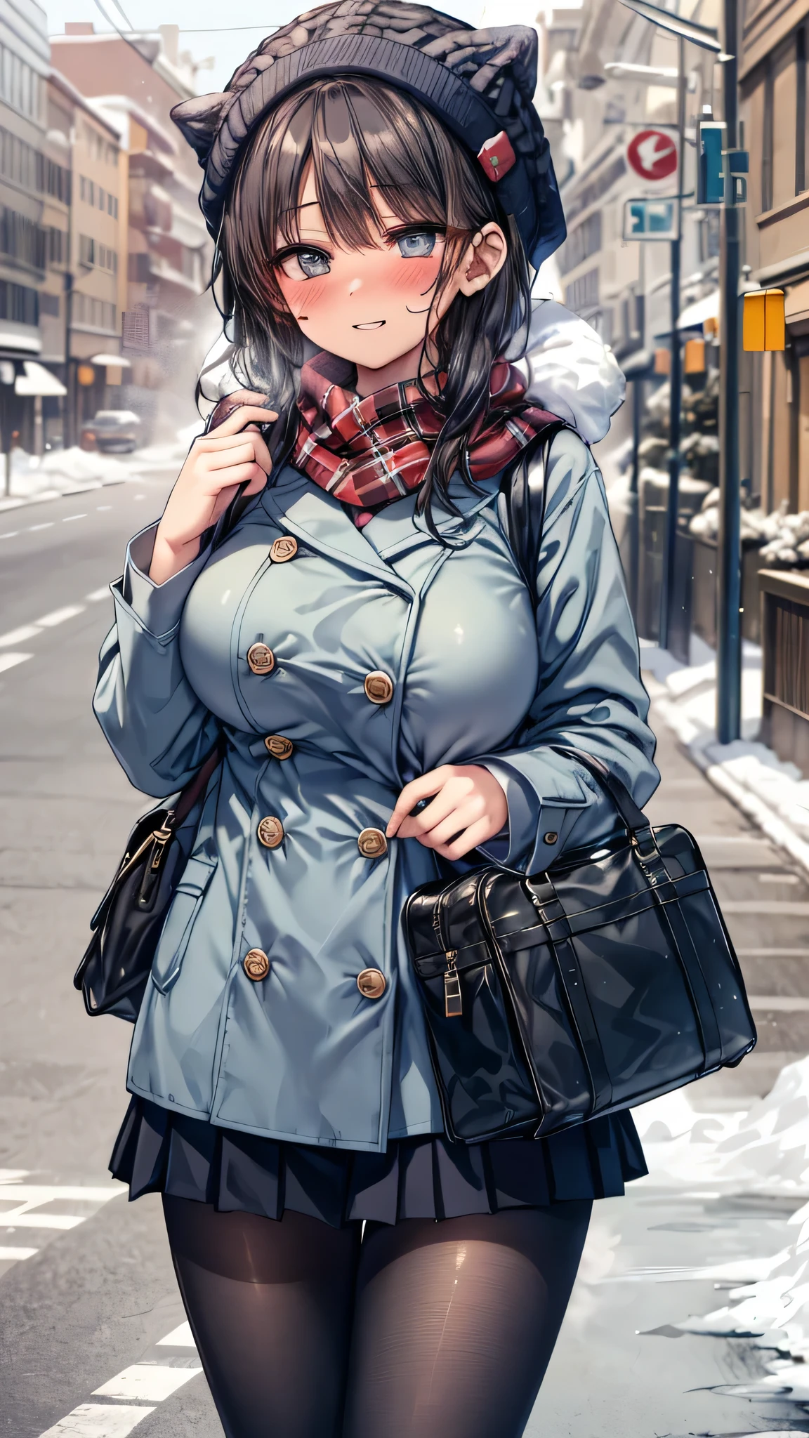 ((masterpiece, sidelighting, finely detailed beautiful eyes: 1.2)), (anatomically collect:1.3), Extremely cute, (extremely detailed beautiful face), (Authentic skin texture:1.4), (outdoor, winter, snowy landscape, park:1.2), (1 hit school student girl:1.2), (huge breasts:1.4), (slender body:1.2), (short black hair), (duffel coat, woolen scarf, Woolly hat:1.2), (stockings, loafer:1.2), (glasses), (blush cheek:1.4), (shy, happy), (face focus:1.2), school bag, (steam)