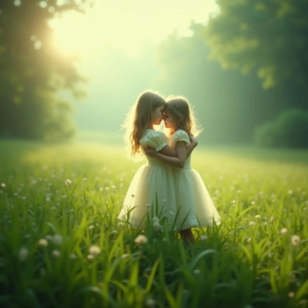 Blurred image of a young ghostly Boy and Girl embracing each other ...