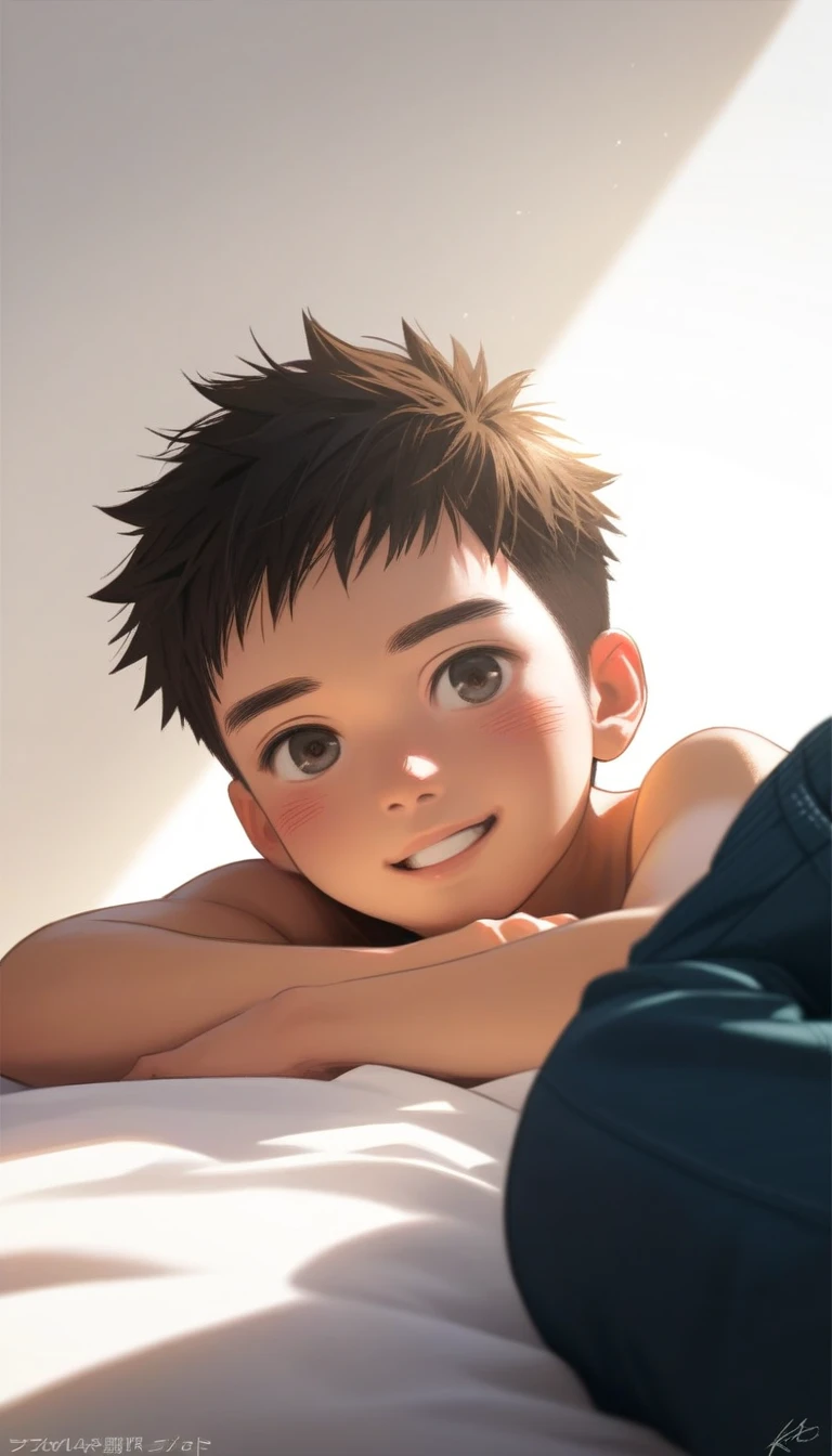 a handsome cute kiid little young boy 5yr,SHOTA,delicious expression,blush,messy short hair,brown hair,from front,in backyard,shota face,wearing pants only,fullbody,hd,4k,8k,dynamics lighting,perfect lighting,realistic,16k,hd lighting,realistic lighting,perfect shadows,realistic shadows,super realistic,hyper realistic,perfect face