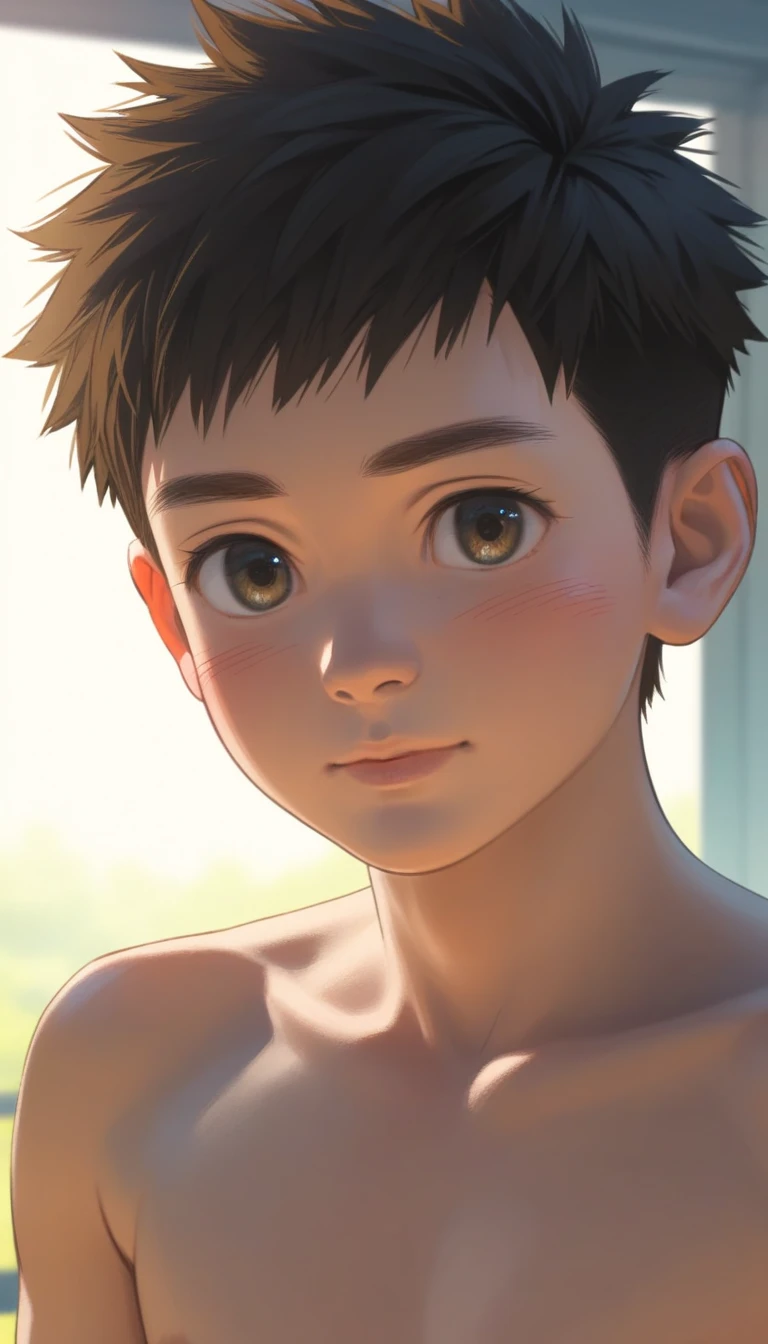 a handsome cute kiid little young boy 5yr,SHOTA,delicious expression,blush,messy short hair,brown hair,from front,in backyard,shota face,naked,fullbody,hd,4k,8k,dynamics lighting,perfect lighting,realistic,16k,hd lighting,realistic lighting,perfect shadows,realistic shadows,super realistic,hyper realistic,perfect face