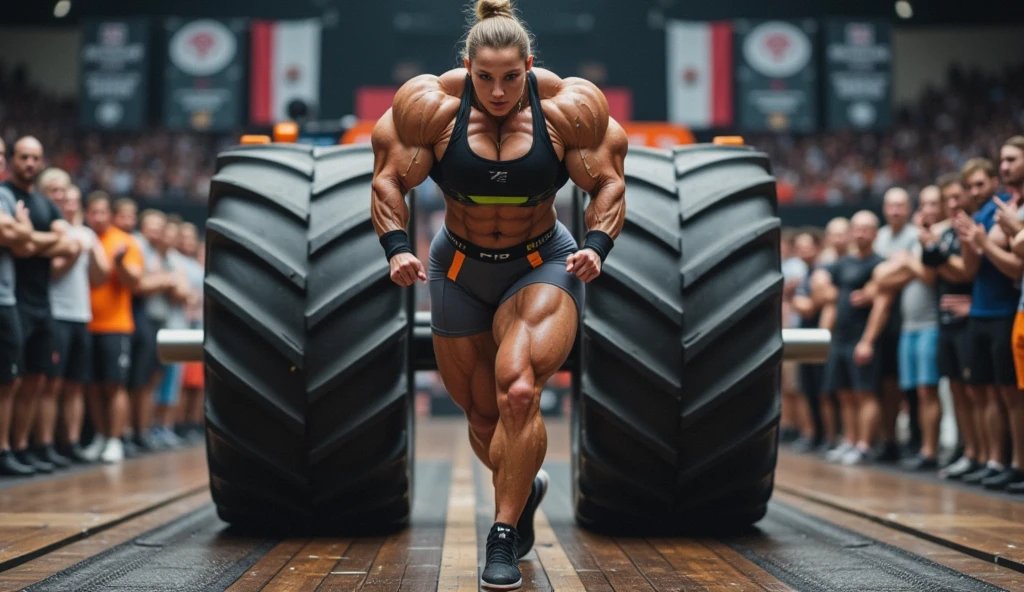 Saskia Vermeer, 32 years old, a tall woman, Muscular and beautiful,  takes part in an intense CrossFit competition at a large gym in Amsterdam ,  with a lively crowd around her .  Her imposing and perfectly defined body shines with a touch of sweat while performing an impressive show of strength,  pushing an enormous tractor rubber along the competition track .  His expression shows a mix of concentration and determination ,  with the muscles of his arms ,  shoulders and legs visibly tightening with each powerful push .

 She wears a cutting-edge sports outfit ,  designed to highlight both functionality and style . Her black sports top ,  minimalist design with fluorescent details ,  she fits her muscular torso perfectly ,  revealing her marked and defined abdomen .  Your gray compression shorts with orange lines on the sides highlights her firm buttocks and incredibly muscular legs .  Complete the look with state-of-the-art sports shoes and black wristbands .

 The stage is full of energy :  the track is delimited by metal barriers and sponsors' banners ,  as the audience shouts in excitement and the judges watch attentively .  in the background ,  other competitors try to test ,  but Saskia clearly dominates the competition ,  moving forward with strength and confidence ,  leaving everyone amazed by her power and skill .