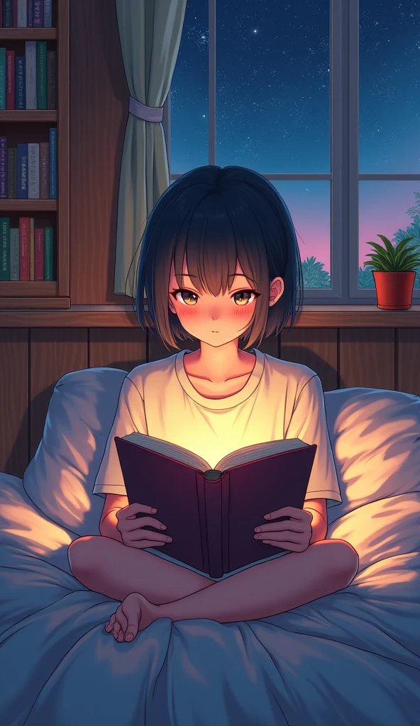 God quality, anime moe artstyle,best anime 8k konachan wallpaper,badass anime 8k,perfect anatomy, (Please Draw a picture of a girl lying on the bed and reading a book.),break, 1girl, (Solo,Loli,child,13-year-old:1.3),a junior high school student, androgynous charm, (Very Short hair), Full limbs, complete fingers,flat chest, Small butt, groin, Small eyes,finely 8k detailed beautiful black eyes,Massage your chest with one hand,school Uniform, in the one's own room. break,ultra-detailed,high resolution,super detailed skin, professional lighting, (masturbation illustration:1.2),