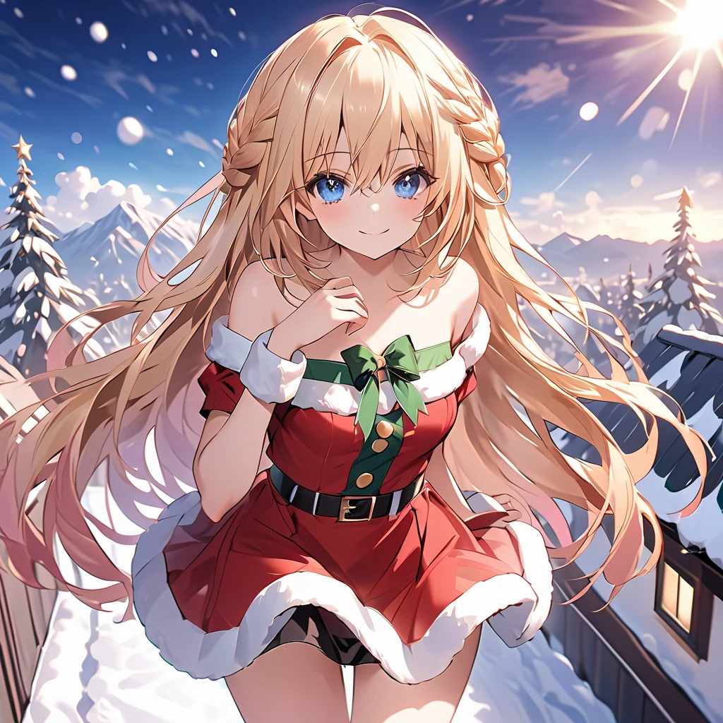  Christmas,(Miniskirt Santa outfit:1.5)、green \(Neptunia  )\, Blonde,  blue eyes, smile, long hair,  French Braid ,  side lock ,  small breasts,  thin waist,  Wide Hips, (Miniskirt Santa outfit:1.5),( Bridal Garters:1.５),Snow Sky、 on the roof、  cowboy shot  、 (  Perfect Anatomy ),(  top quality), (  super high resolution ), ( 超High definition ), (  very detailed CG), (32K), (masterpiece)、EyesHD