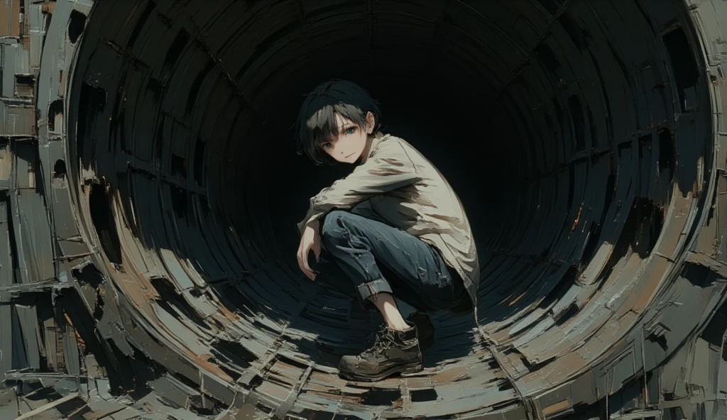 side view, stuck in a sewer pipe, fashionable crouching pose, feet up, boy
d darknessâan enchanting juxtaposition of innocence and mystery.