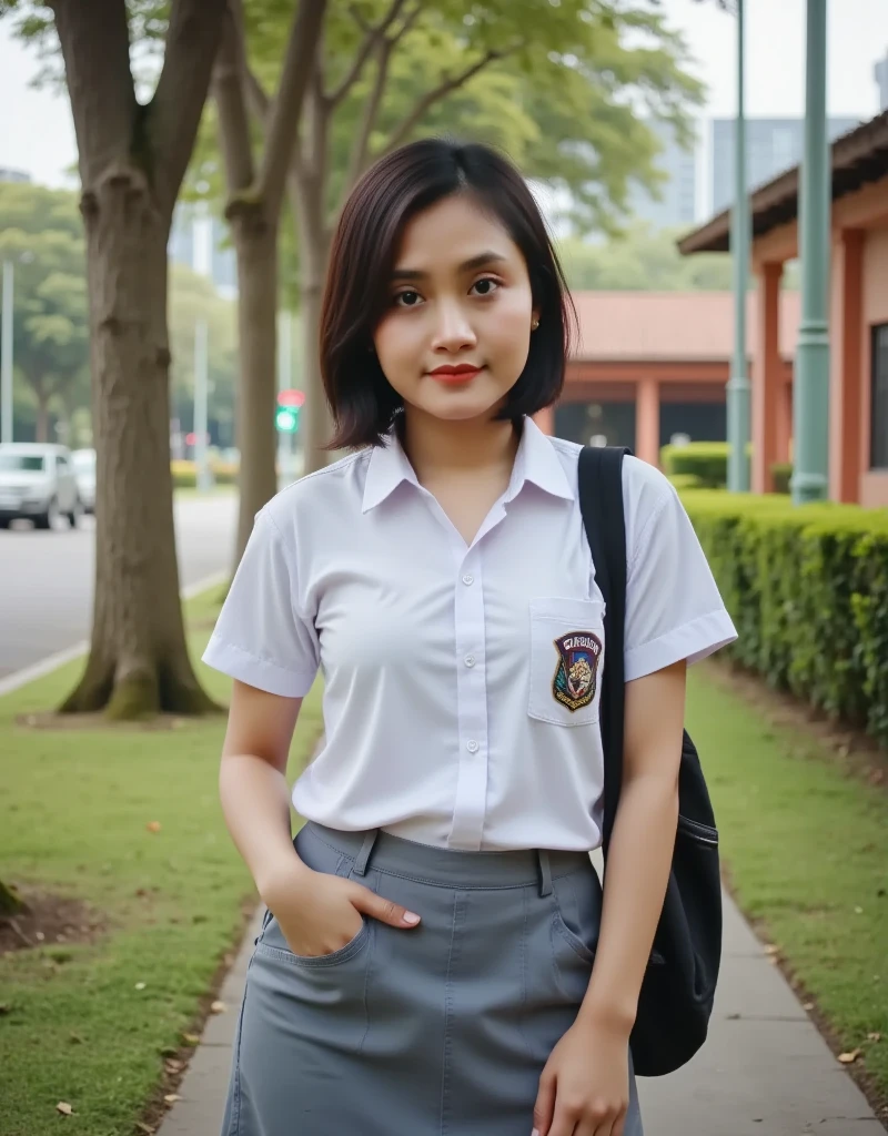 A captivating vintage photograph of a beautiful and charming Indonesian high school girl from the 2000s, captured in the warm, slightly faded tones characteristic of film photography from that era. She stands confidently in the classic Indonesian high school uniform: a crisp white shirt tucked into a neatly pressed grey skirt, complete with the school emblem on her shirt pocket. The uniform is slightly tailored, accentuating her youthful elegance while maintaining the modest style typical of the time.

Her black hair is styled short and neatly tied back, with a few soft bangs framing her forehead, adding a sweet and polished look to her appearance. Her makeup is minimal, with a touch of lip gloss and subtle eyeliner, emphasizing her natural beauty. She carries a simple black backpack over one shoulder, enhancing the sense of realism in the scene.

The photograph retains its grainy texture, with slight vignetting around the edges, evoking a sense of nostalgia. The background hints at a retro setting, perhaps a schoolyard with tall trees and weathered walls, or a quiet street corner bathed in golden sunlight. The imperfections of the film—tiny specks and slight blurriness—enhance the timeless, authentic charm of the image, perfectly capturing the spirit of the era.