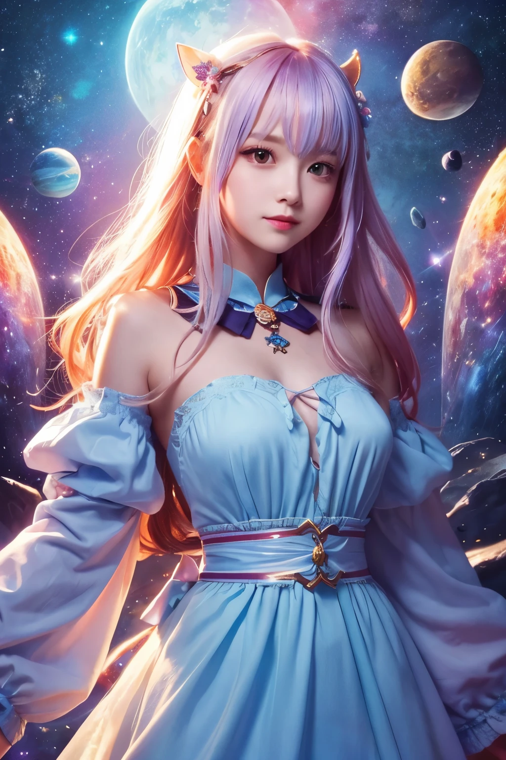 colorfulな髪とネックレスを持つ女性のクローズアップ, anime girl with space hair, The soft vibrancy of Ross Dress, Gviz-inspired artwork, fantasy art style, colorful]", vivid fantasy style, rossdraws cartoon vibrant, colorful, Gweiz, colorfulなデジタル ファンタジー アート, great art style, beautiful anime style, shining hair、huge breasts